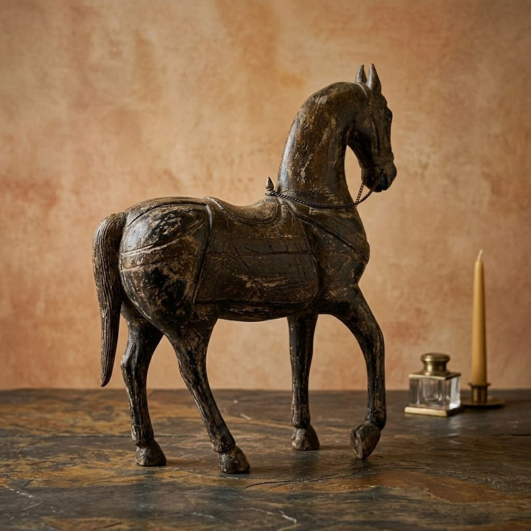 Handcrafted Antique-Finish Wooden Horse Statue