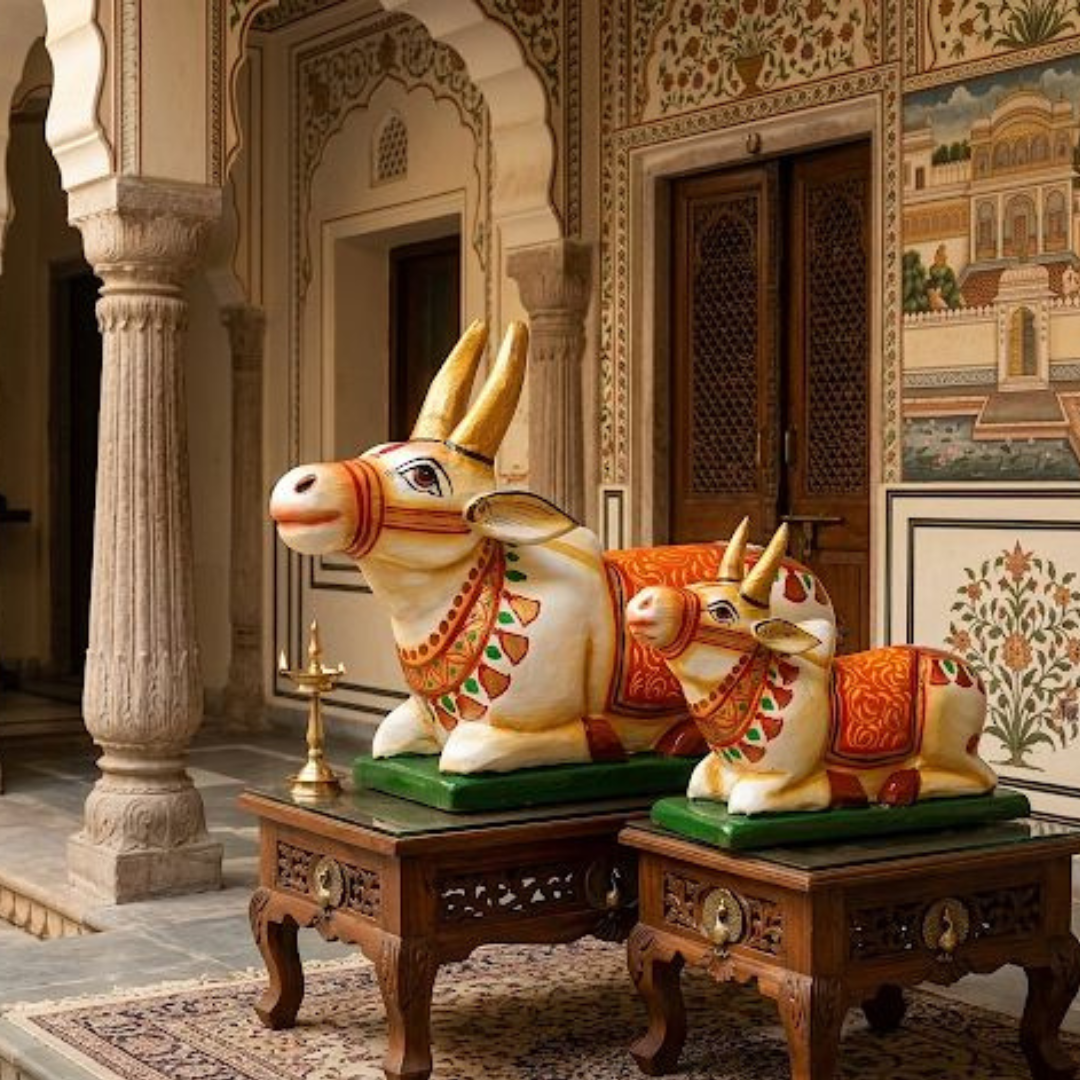 Hand-Painted Nandi Cow & Calf Statue Set