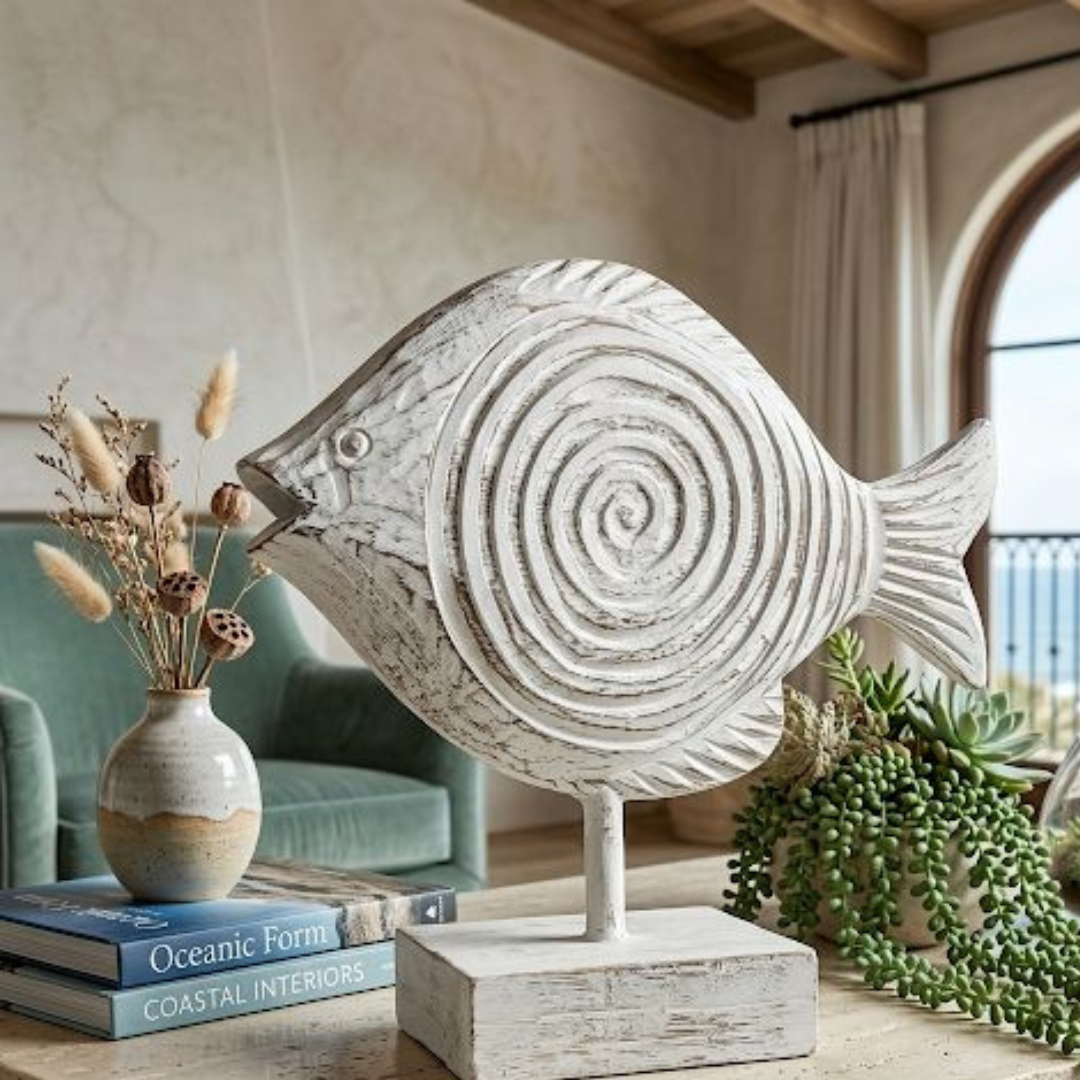 Hand-Carved Whitewash Fish Sculpture