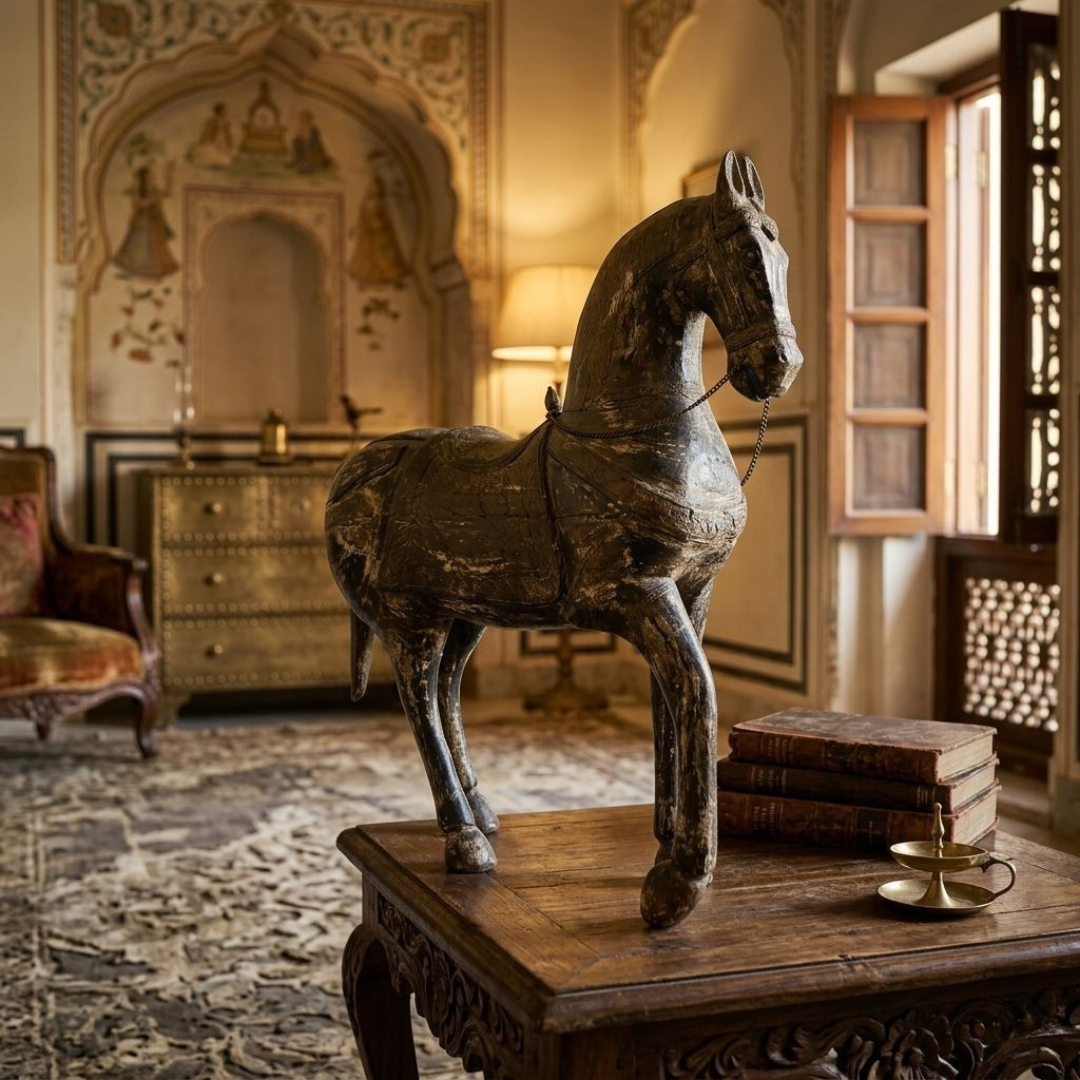 Handcrafted Antique-Finish Wooden Horse Statue