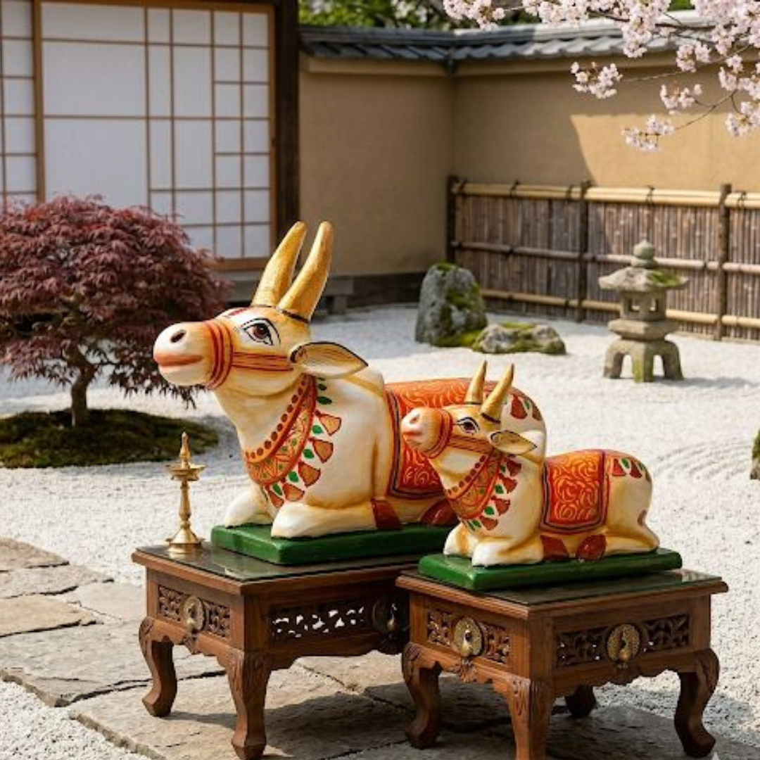 Hand-Painted Nandi Cow & Calf Statue Set