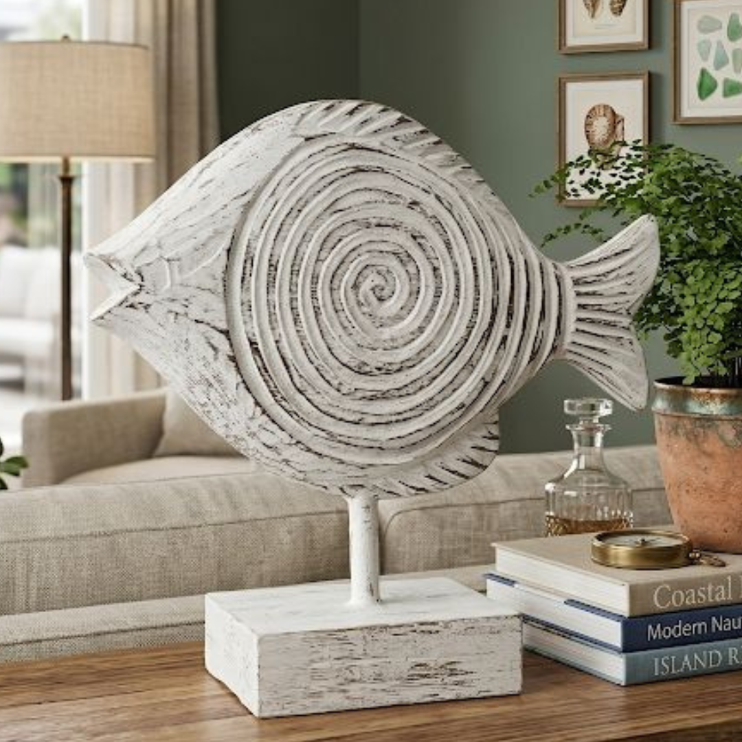 Hand-Carved Whitewash Fish Sculpture